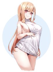 Rule 34 | 1girl, absurdres, alternate costume, bare shoulders, black panties, blonde hair, blush, breasts, clothes pull, clothes tug, contrapposto, covered erect nipples, cowboy shot, from below, gradient hair, grin, hair between eyes, highres, kitagawa marin, large breasts, long hair, looking at viewer, m.tokotsu, meme attire, multicolored hair, panties, panty straps, pantyshot, pink eyes, ribbed sweater, sideboob, simple background, smile, solo, sono bisque doll wa koi wo suru, sweater, sweater pull, sweater tug, swept bangs, thighs, turtleneck, turtleneck sweater, underwear, very long hair, virgin killer sweater, white sweater