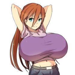 Rule 34 | 1girl, arms behind head, arms up, borrowed character, breasts, brown hair, denim, female focus, gigantic breasts, green eyes, groin, jeans, katrina (dj siren), long hair, looking at viewer, magister, midriff, navel, pants, simple background, smile, white background