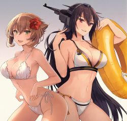 Rule 34 | 2girls, adapted costume, alternate costume, bare arms, bare shoulders, bikini, black hair, blush, breasts, brown hair, cleavage, collarbone, commentary request, flower, gradient background, green eyes, hair between eyes, hair flower, hair ornament, headgear, highres, innertube, kantai collection, kasumi (skchkko), large breasts, long hair, looking at viewer, multiple girls, mutsu (kancolle), nagato (kancolle), navel, open mouth, red eyes, red flower, short hair, side-tie bikini bottom, simple background, sky, smile, swim ring, swimsuit, tassel, white background, white bikini