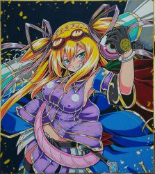 Rule 34 | 1girl, black gloves, black thighhighs, blonde hair, blue eyes, blush, breasts, capelet, covered erect nipples, detached sleeves, full body, gloves, goggles, goggles on head, grin, hair ribbon, hand up, highres, large breasts, long hair, navel, orb, pleated skirt, purple ribbon, purple skirt, red capelet, ribbon, sennen sensou aigis, skirt, smile, solo, soune1000, standing, thighhighs, traditional media, two side up, very long hair, zola (sennen sensou aigis)