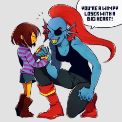 Rule 34 | 1girl, androgynous, artist request, blue skin, boots, breasts, brown hair, claws, cleavage, closed eyes, colored skin, commentary request, dark skin, denim, english text, eyepatch, eyeshadow, fangs, frisk (undertale), grin, height difference, jeans, kneeling, long hair, makeup, monster girl, pants, ponytail, red hair, ryokutya1107, sharp teeth, shirt, short hair, shorts, simple background, size difference, smile, speech bubble, striped clothes, striped shirt, teeth, undertale, undyne