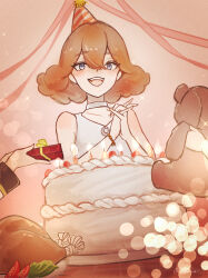 Rule 34 | 3girls, :d, artist name, bare shoulders, birthday cake, birthday party, blue eyes, brown hair, cake, candle, choker, commentary, ericht samaya, food, gift, gundam, gundam suisei no majo, hair between eyes, hat, highres, holding, holding gift, holding stuffed toy, interlocked fingers, looking at viewer, multiple girls, open mouth, out of frame, own hands together, party hat, remaco, shirt, short hair, sleeveless, sleeveless shirt, smile, sophie pulone, sparkle, stuffed animal, stuffed toy, suletta mercury, teddy bear, teeth, tomato, turkey (food), upper teeth only, white choker, white shirt