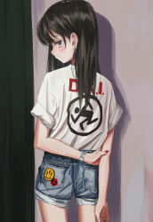 Rule 34 | 1girl, absurdres, bad id, bad twitter id, black hair, clothes writing, denim, denim shorts, earrings, from behind, gishiki (gshk), head tilt, highres, jewelry, long hair, nail polish, original, pocket, profile, red nails, shadow, shirt, shorts, sleeves rolled up, solo, t-shirt, watch, white shirt, wristwatch