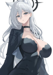 Rule 34 | 1girl, animal ear fluff, animal ears, berna forte, black choker, black dress, black halo, blue archive, blue eyes, breasts, choker, cleavage, collarbone, commentary request, dress, grey hair, hair between eyes, halo, highres, large breasts, long hair, long sleeves, looking at viewer, mismatched pupils, parted lips, shiroko (blue archive), shiroko terror (blue archive), simple background, solo, white background
