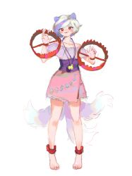 Rule 34 | 1girl, absurdres, animal ears, banri no seikuu cx, barefoot, bear trap, blush, dog ears, dog tail, fang, bear trap, full body, grey hair, highres, mitsugashira enoko, multicolored hair, multiple tails, open mouth, pink skirt, purple hair, purple shirt, red eyes, shirt, short hair, short sleeves, simple background, sketch, skirt, smile, solo, tail, touhou, unfinished dream of all living ghost, white background