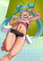 Rule 34 | 1girl, ;d, absurdres, aqua eyes, aqua hair, arm up, armpits, bare shoulders, black choker, black shorts, body writing, breasts, choker, commentary, cowboy shot, crop top, crop top overhang, cropped vest, double bun, eyewear on head, flip-flops, from below, gloves, goodsmile racing, green background, green gloves, groin, hair between eyes, hair bun, half gloves, hatsune miku, highres, holding, holding umbrella, hood, hood down, hooded vest, hoodie, long hair, looking at viewer, micro shorts, midriff, navel, one eye closed, open mouth, polka dot, polka dot background, racing miku, racing miku (2022), sandals, shorts, sidelocks, small breasts, smile, solo, standing, standing on one leg, sunglasses, tan, teeth, toin (iitoin), twintails, two-tone gloves, umbrella, upper teeth only, vest, vocaloid, white gloves