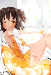 Rule 34 | 10s, 1girl, akagi miria, black hair, blush, breasts, cheli (kso1564), d;, detached sleeves, idolmaster, idolmaster cinderella girls, one eye closed, open mouth, orange eyes, puffy detached sleeves, puffy sleeves, short hair, small breasts, solo, twintails, two side up
