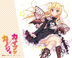 Rule 34 | 1girl, artist name, bat wings, blonde hair, blush, boots, cape, capelet, company name, copyright name, cross-laced clothes, cross-laced footwear, crossed legs, dress, fang, fang out, floating hair, frills, kaibutsu x kanojo, kayou (kayou-bi), kiria (kaibutsu x kanojo), layered skirt, light smile, logo, long hair, long sleeves, looking at viewer, official art, official wallpaper, plaid, puffy sleeves, red eyes, ribbon, simple background, sitting, skirt, sleeves past wrists, slit pupils, smile, solo, sparkle, star (symbol), striped, twintails, two side up, wallpaper, white background, wind, wind lift, wings