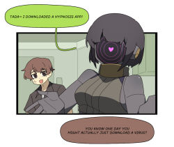Rule 34 | 1boy, 1girl, bare shoulders, black hair, black shirt, breasts, brown eyes, brown hair, colored speech bubble, crop top, dark skin, dot-matrix, english text, gomulgong, heart, humanoid robot, hypnosis app, joints, looking at another, metal skin, original, robot, robot girl, robot girl (gomulgong), robot joints, shirt, small breasts, sweat