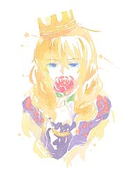 Rule 34 | 1boy, blonde hair, blue eyes, cavendish, coat, commentary, crown, drill hair, fish191101756, flower, hair between eyes, holding, holding flower, long hair, long sleeves, male focus, one piece, red flower, red rose, rose, solo, star (symbol)