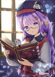 1girl artist_name black_hat blunt_bangs book braid commentary_request crescent cyan_(sasukeone3) glasses hair_ornament hairclip hat holding holding_book indoors long_sleeves looking_at_viewer open_book original parted_lips purple_eyes purple_hair red_sweater_vest shirt solo star_(symbol) star_hair_ornament sweater_vest twin_braids white_shirt window x_x