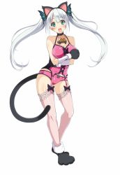 Rule 34 | 1girl, animal ears, animal hands, bare shoulders, blush, breasts, cat ears, cat tail, cle masahiro, cleavage, collar, covered erect nipples, crossed arms, eyebrows, full body, garter straps, gloves, green eyes, halterneck, highres, lace, lace-trimmed legwear, lace trim, large breasts, long hair, looking at viewer, official art, open mouth, panties, paw gloves, paw shoes, sashou urara, shoes, simple background, solo, standing, surprised, tail, thighhighs, twintails, underwear, valkyrie drive, valkyrie drive -siren-, white background, white hair
