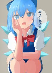 Rule 34 | 1girl, :d, blue bow, blue eyes, blue hair, bow, cirno, fang, grey background, hair between eyes, hair bow, hand on own cheek, hand on own face, hand up, highres, ice, ice wings, looking at viewer, mizune (winter), open mouth, smile, solo, squatting, touhou, wings