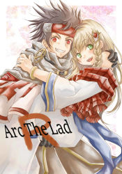 Rule 34 | 1boy, 1girl, arc the lad, arc the lad ii, black hair, blonde hair, braid, dress, elc (arc the lad), gloves, green eyes, lieza (arc the lad), long hair, looking at viewer, open mouth, smile, spiked hair