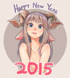 Rule 34 | 10s, 1girl, 2015, :p, animal ears, blue eyes, brown hair, efmoe, freckles, happy new year, highres, horns, long hair, looking at viewer, new year, original, sheep, signature, smile, solo, tongue, tongue out