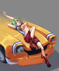 Rule 34 | 1girl, boots, breasts, car, clothes lift, green eyes, green hair, highres, large breasts, lips, lying, matching hair/eyes, monorus, motor vehicle, multicolored hair, navel, nipples, on back, on vehicle, pink hair, reclining, redline, shirt lift, shorts, sitting, smile, solo, sonoshee mclaren, two-tone hair, vehicle
