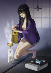 Rule 34 | 00s, 1girl, barefoot, black hair, blue eyes, bottle, bottomless, breasts, full body, gundam, gundam 00, highres, indoors, kettle, kneeling, light bulb, long hair, marina ismail, no bra, no panties, open clothes, open robe, portable stove, pouring, robe, solo, stove, tape, tatami, tooo, water, water bottle