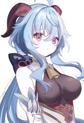 Rule 34 | 1girl, ahoge, bare shoulders, blue hair, bow, breasts, colored skin, ganyu (genshin impact), genshin impact, hair bow, highres, horns, long sleeves, looking at viewer, low ponytail, medium breasts, misumi (macaroni), parted lips, purple eyes, simple background, solo, upper body, white background, white skin