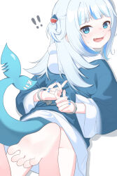 Rule 34 | !, !!, 1girl, absurdres, barefoot, blue hair, blue hoodie, blue nails, blue tail, blunt bangs, bound, bound wrists, commentary, convenient leg, cuffs, english commentary, eyelashes, fang, feet, feet up, fins, fish tail, foot out of frame, from behind, gawr gura, gawr gura (1st costume), grey hair, handcuffs, highres, hololive, hololive english, hood, hood down, hoodie, long hair, looking at viewer, lying, multicolored hair, nail polish, on stomach, oversized clothes, shark girl, shark tail, simple background, soles, solo, streaked hair, tail, toes, ugaaaa1, virtual youtuber, white background, wide sleeves