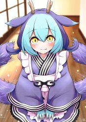 Rule 34 | animal ears, apron, artist name, blue hair, blush, claws, closed mouth, dragon girl, dragon horns, dragon tail, dress, duel monster, fang, hair between eyes, hands on lap, highres, horns, kneeling, laundry dragonmaid, long hair, looking at viewer, maid, maid apron, motion lines, purple dress, purple hair, scavia10, slit pupils, sparkle, tail, tail wagging, wooden floor, yellow eyes, yu-gi-oh!