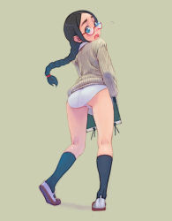 Rule 34 | 1girl, ass, black hair, blue eyes, braid, from behind, glasses, kneepits, original, simple background, solo, standing, weno