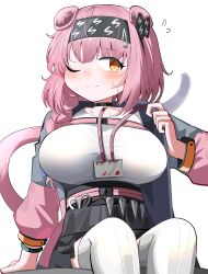 Rule 34 | 1girl, absurdres, alternate breast size, animal ears, arknights, arm support, black choker, black hairband, black skirt, blush, breasts, brown eyes, cat ears, cat girl, cat tail, choker, closed mouth, collarbone, feet out of frame, flying sweatdrops, goldenglow (arknights), grey jacket, hair between eyes, hairband, hand up, highres, jacket, lanyard, large breasts, lightning bolt print, long sleeves, one eye closed, open clothes, open jacket, pink hair, pleated skirt, print hairband, puffy long sleeves, puffy sleeves, shirt, simple background, skirt, solo, spam (spamham4506), sweat, tail, thighhighs, white background, white shirt, white thighhighs