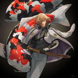 Rule 34 | 1boy, animal, belt, black gloves, black shirt, blonde hair, chinese commentary, closed mouth, commentary request, dated commentary, expressionless, feet out of frame, fish, gloves, grey background, hair between eyes, hair over one eye, higekiri (touken ranbu), holding, holding sword, holding weapon, jacket, jacket on shoulders, katana, koi, looking at viewer, male focus, military, military uniform, oversized animal, pants, scabbard, sheath, sheathed, shirt, short hair, signature, solo, sword, touken ranbu, uniform, weapon, white belt, white jacket, white pants, yellow eyes, zi tsas