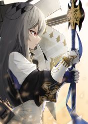 Rule 34 | 1girl, azur lane, commentary, english commentary, from side, gauntlets, grey hair, hair between eyes, highres, holding, holding polearm, holding spear, holding weapon, kasasasagi, light frown, long hair, long sleeves, mole, mole under eye, polearm, red eyes, rigging, saint-louis (azur lane), sidelocks, solo, spear, standing, symbol-only commentary, weapon