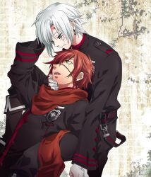 2boys allen_walker black_footwear black_jacket black_pants boots closed_mouth d.gray-man eyepatch facial_mark gloves grey_eyes grey_hair hair_between_eyes hand_in_another&#039;s_hair hand_on_another&#039;s_chin highres ikuhashi_muiko jacket lavi looking_at_another male_focus multiple_boys open_mouth pants parted_bangs red_hair red_scarf scarf short_hair white_gloves yaoi