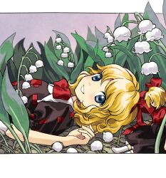 Rule 34 | 1girl, 2girls, black skirt, blonde hair, blue eyes, bow, flower, hair bow, hair ribbon, highres, kaigen 1025, lily of the valley, looking at viewer, lying, medicine melancholy, multiple girls, puffy sleeves, red shirt, ribbon, shirt, short hair, short sleeves, skirt, smile, su-san, touhou