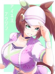 Rule 34 | 1girl, animal ears, breasts, brown hair, choker, cleavage, collarbone, crop top, cropped jacket, ear covers, freckles, from above, green eyes, grin, hat tip, highres, horse ears, horse girl, horse tail, ines fujin (umamusume), jacket, kakegami, large breasts, looking at viewer, midriff, miniskirt, navel, open clothes, open jacket, side ponytail, simple background, single ear cover, skirt, smile, solo, tail, umamusume, upper body, visor cap