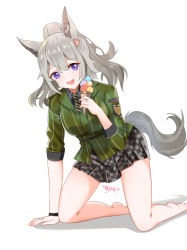 Rule 34 | 1girl, :d, animal ear fluff, animal ears, arknights, arm support, bare legs, barefoot, checkered clothes, checkered skirt, chinese commentary, commentary request, food, grani (arknights), grani (miraculous moment) (arknights), green shirt, grey skirt, hair between eyes, hair ornament, holding, holding food, ice cream, ice cream cone, kneeling, lingshalan, long hair, looking at viewer, miniskirt, official alternate costume, open mouth, purple eyes, shadow, shirt, silver hair, skirt, smile, solo, tail, thighs