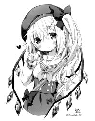Rule 34 | 1girl, anzu ame, artist name, closed mouth, commentary request, crystal, fang, flandre scarlet, frills, greyscale, hat, hat ribbon, long sleeves, medium hair, monochrome, one side up, puffy sleeves, ribbon, shirt, skirt, smile, solo, touhou, vest, wings