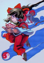 Rule 34 | 1girl, absurdres, alternate costume, arm behind back, black eyes, black hair, blue background, bow, card, chromatic aberration, closed mouth, fighting stance, grey background, hair bow, hakurei reimu, hand up, highres, holding, holding card, inuyama konan, long hair, long sleeves, looking at viewer, looking up, no pupils, orb, pants, ponytail, puffy pants, red bow, red pants, red vest, sailor collar, sandals, shirt, shoe soles, solo, standing, standing on one leg, touhou, two-tone background, vest, white sailor collar, white shirt, yin yang, yin yang orb