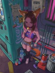 Rule 34 | 1girl, alley, animal ear fluff, animal ears, black thighhighs, blush, bottle, bracelet, breasts, building, cable, can, candy, child, collar, drink can, film grain, fire extinguisher, food, from above, full body, furry, hair ornament, highres, industrial pipe, jewelry, kunikune, lips, long hair, navel, original, outdoors, pocket, power lines, red eyes, road, scenery, shoes, shop, short shorts, shorts, sneakers, soda can, solo, standing, street, tail, thighhighs, tongue, vending machine, wolf ears, wolf girl