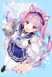 1girl, :d, absurdres, ahoge, animal ear fluff, animal ears, artist name, bangs, black footwear, blue hair, blue nails, blue neckwear, blue ribbon, blue sailor collar, blue skirt, blunt bangs, bow, bowtie, braid, breasts, cat ears, cat girl, cat tail, choker, commentary request, eyebrows visible through hair, fingernails, from above, hairband, hands up, highres, hololive, jacket, loafers, long sleeves, looking at viewer, looking up, medium breasts, minato aqua, mituki paburo, multicolored hair, nail polish, neko (minato aqua), open mouth, pantyhose, pink hair, pleated skirt, purple eyes, ribbon, ribbon choker, sailor collar, shirt, shoes, skirt, sleeves past wrists, smile, solo, tail, twin braids, twintails, two-tone hair, virtual youtuber, white jacket, white legwear, white shirt