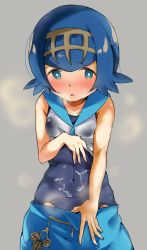 Rule 34 | 1girl, bad id, bad nicoseiga id, blue eyes, blue hair, blue sailor collar, blush, bright pupils, commentary request, creatures (company), cum, cum on clothes, game freak, hairband, highres, lana (pokemon), nametake (nekoyasya12172), nintendo, one-piece swimsuit, pokemon, pokemon sm, sailor collar, school swimsuit, short hair, solo, steaming body, swimsuit, swimsuit under clothes, trial captain, undressing