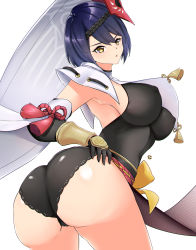 Rule 34 | 1girl, absurdres, ass, black hair, blush, breasts, from behind, from below, genshin impact, gloves, halterneck, highres, huge ass, jrpulse, kujou sara, large breasts, looking at viewer, looking down, mask, mask on head, shiny clothes, shiny skin, short hair, short shorts, shorts, sideboob, solo, yellow eyes