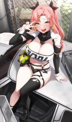 Rule 34 | 1girl, akchu, black ribbon, black shorts, breasts, car, cleavage, crop top, earrings, green eyes, hair ornament, hair ribbon, hairclip, heart, heart earrings, highres, jewelry, large breasts, long hair, looking at viewer, midriff, mole, mole on breast, mole on thigh, mole under eye, motor vehicle, nail polish, navel, nicole demara, pink hair, ribbon, short shorts, shorts, single thighhigh, sitting, smile, solo, strapless, thigh gap, thighhighs, tube top, two side up, zenless zone zero
