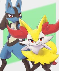 Rule 34 | 1boy, 1girl, animal ear fluff, animal ears, animal nose, black fur, blue fur, border, braixen, closed mouth, creatures (company), flat chest, fox ears, fox girl, fox heart, fox tail, furry, game freak, gen 4 pokemon, gen 6 pokemon, green background, grey border, grin, hands on own hips, happy, highres, jpeg artifacts, leaning forward, legs apart, looking at viewer, lucario, nintendo, outside border, pokemon, pokemon (creature), red eyes, sideways mouth, simple background, smile, spikes, standing, stick, tail, teeth, uneven eyes, white fur, wolf boy, wolf ears, yellow fur
