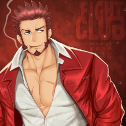 Rule 34 | 1boy, artist name, beard, blue eyes, brown hair, cigarette, collarbone, dated, facial hair, fate/grand order, fate (series), fight club, highres, jacket, large pectorals, long sideburns, male focus, mikicat, mouth hold, muscular, napoleon bonaparte (fate), open clothes, pectorals, red background, red jacket, scar, sideburns, simple background, smile, smoking, solo, standing, upper body