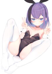 Rule 34 | 1girl, animal ears, ass, bare shoulders, blue hair, breasts, choker, double v, grin, highres, kinukawa chinatsu, leotard, looking at viewer, multicolored hair, original, otokuyou, playboy bunny, purple hair, rabbit ears, rabbit tail, simple background, small breasts, smile, solo, streaked hair, tail, thighhighs, v, white background, white thighhighs, wrist cuffs