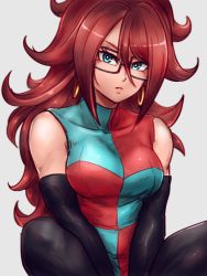 Rule 34 | 1girl, android 21, black-framed eyewear, black pantyhose, blue eyes, breasts, brown hair, checkered clothes, checkered dress, collarbone, commentary request, curly hair, detached sleeves, dragon ball, dragon ball fighterz, dress, earrings, expressionless, glasses, hoop earrings, jewelry, kemachiku, knees up, long hair, looking at viewer, medium breasts, pantyhose, parted lips, sitting, sleeveless, sleeveless dress, solo, two-tone dress, very long hair