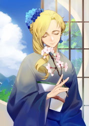 Rule 34 | 1girl, absurdres, azur lane, blonde hair, blue flower, blue kimono, branch, cherry blossoms, closed eyes, closed mouth, commentary, commentary request, earrings, eyebrows hidden by hair, flower, hair flower, hair ornament, hand up, highres, holding, holding branch, hood (azur lane), hood (porcelain grace) (azur lane), indoors, japanese clothes, jewelry, kimono, long hair, long sleeves, obi, official alternate costume, pink flower, round window, sash, sky, solo, tree, upper body, uyuyuun, wide sleeves, window