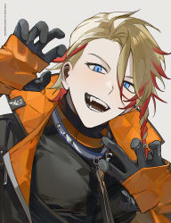 Rule 34 | 1boy, axel syrios, black gloves, black jacket, black shirt, blonde hair, blue eyes, braid, claw pose, fangs, gloves, grey background, hair behind ear, highres, holostars, holostars english, jacket, k00s, looking at viewer, male focus, multicolored hair, open hands, red hair, shirt, sleeves past wrists, solo, streaked hair, virtual youtuber