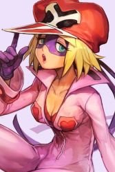 Rule 34 | 1girl, blonde hair, blue eyes, bodysuit, breasts, cleavage, collarbone, gloves, hat, heart, hungry clicker, jumpsuit, kaminari ai, looking at viewer, mask, medium breasts, open mouth, pink bodysuit, purple background, purple gloves, short hair, sitting, solo, teeth, touching hat, upper teeth only, yatterman