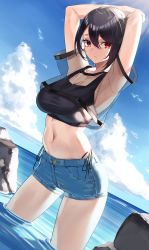 Rule 34 | 1girl, absurdres, armpits, arms behind head, arms up, bird, black hair, black shirt, blouse, blue sky, closed mouth, cloud, commentary request, crop top, denim, denim shorts, dutch angle, hair between eyes, highres, in water, navel, original, outdoors, red eyes, rock, seagull, see-through, shallow water, shirt, short hair, short shorts, short sleeves, shorts, sky, sleeveless, sleeveless shirt, solo, stomach, thighs, wading, water, yamanokami eaka