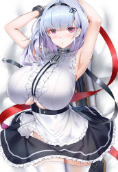 Rule 34 | 1girl, absurdres, anchor choker, apron, armpits, azur lane, bare shoulders, black hairband, blunt bangs, blush, breasts, center frills, clothing cutout, dido (azur lane), earrings, frills, hairband, heart, heart earrings, highres, jewelry, large breasts, long hair, looking at viewer, pink eyes, silver hair, solo, thighhighs, thighs, underboob, underboob cutout, waist apron, white apron, white thighhighs, wu ganlan cai