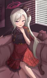 Rule 34 | 1girl, :d, blue archive, bow, bowtie, collared shirt, commentary request, couch, deriolet, grey hair, hair ornament, halo, highres, indoors, long hair, looking at viewer, mutsuki (blue archive), open mouth, parted bangs, phone, plaid, plaid skirt, purple eyes, school uniform, shirt, short sleeves, sidelocks, skirt, smile, solo, sunlight, window, window shadow