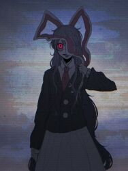 Rule 34 | 1girl, animal ears, black jacket, breast pocket, buttons, collared shirt, crescent, crescent moon, crescent pin, glowing, glowing eye, hand on own ear, jacket, long hair, long sleeves, messy hair, moon, n0een, necktie, pale skin, pin, pink skirt, pleated skirt, pocket, pulling, pulling own ear, purple hair, rabbit ears, rabbit girl, red eyes, red necktie, reisen udongein inaba, shirt, skirt, third-party source, tongue, tongue out, touhou, very long hair, white fur, white shirt